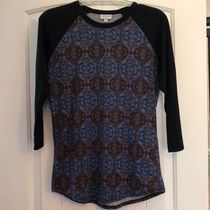 LuLaRoe Top Women's Size Medium Geometric Blue Orange Black 3/4 Sleeved Shirt